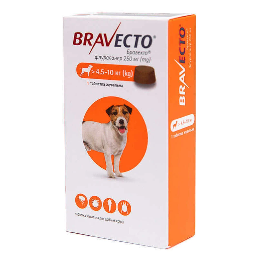 Bravecto (Бравекто) by MSD Animal Health - Противопаразитарные жевательные таблетки от блох и клещей для собак (1 таблетка); 4,5-10 кг: цены и характеристики