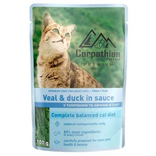 Carpathian Pet Food (Карпатиян Пэт Фуд) Veal and duck in sauce - Влажный корм с телятиной и уткой в соусе для взрослых котов; 100 г