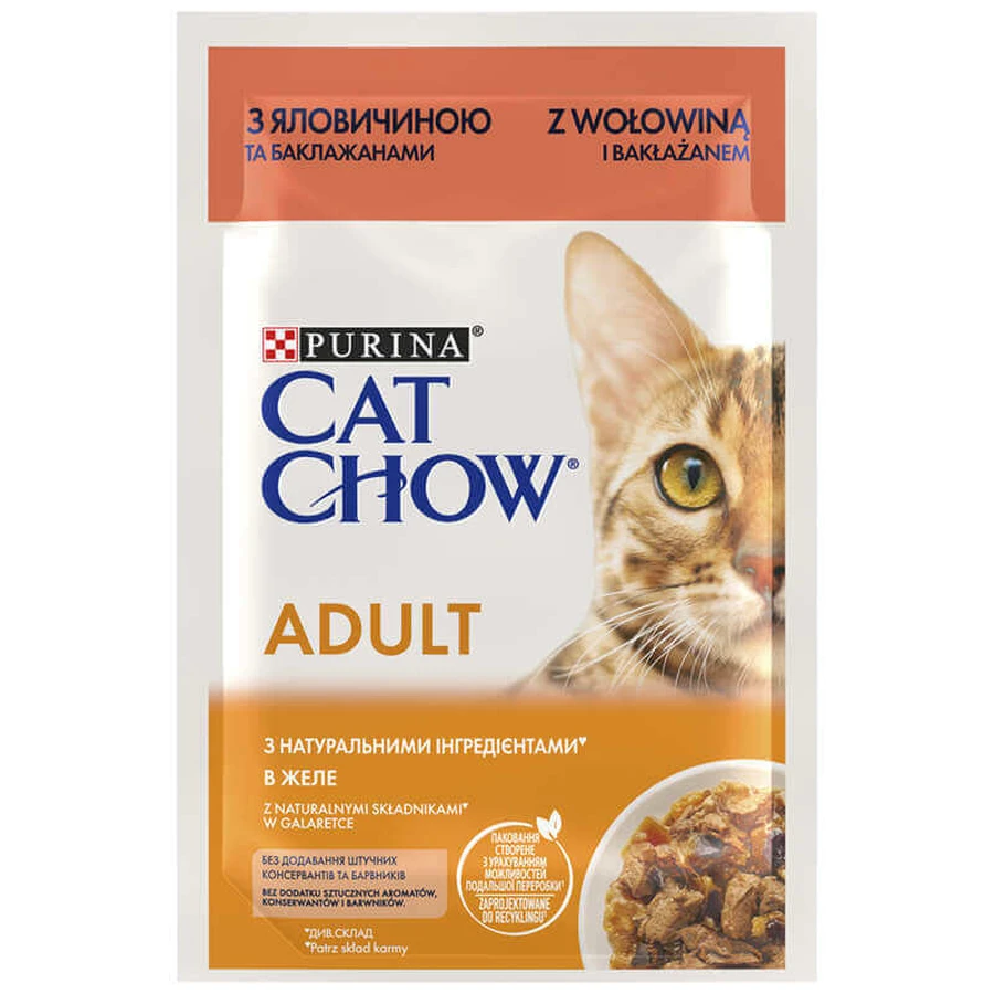 Cat Chow (Кэт Чау) Adult Cat – Влажный корм c говядиной и баклажанами для взрослых котов (кусочки в желе); 85 г: цены и характеристики