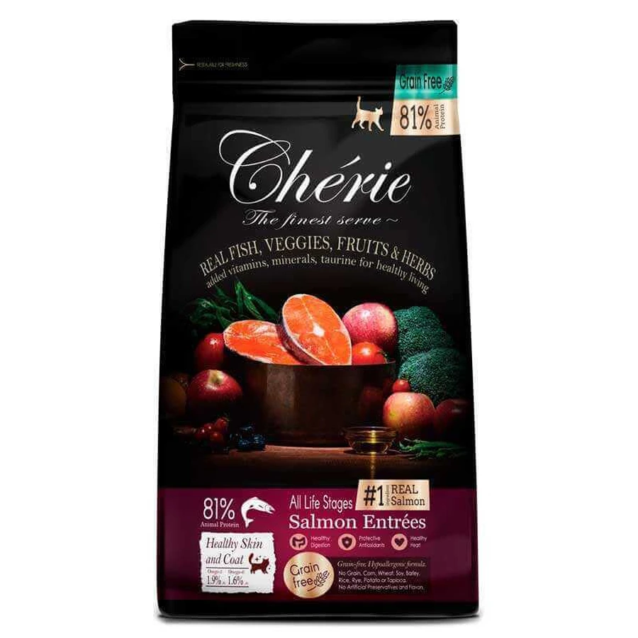 Cherie (Шери) Healthy Skin and Coat Salmon Entrеes - Беззерновий сухий корм з лососем для підтримки здоров'я шкіри та шерсті котів; 400 г: ціни та характеристики