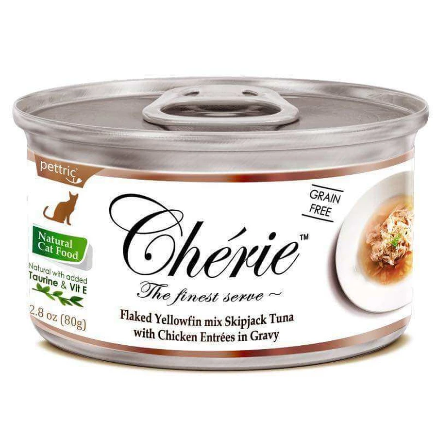 Cherie (Шері) Yellowfin mix Skipjack Tuna with Chicken Entrеes in Gravy - Вологий корм з тунцем та куркою для дорослих кішок (шматочки в соусі); 80 г: ціни та характеристики