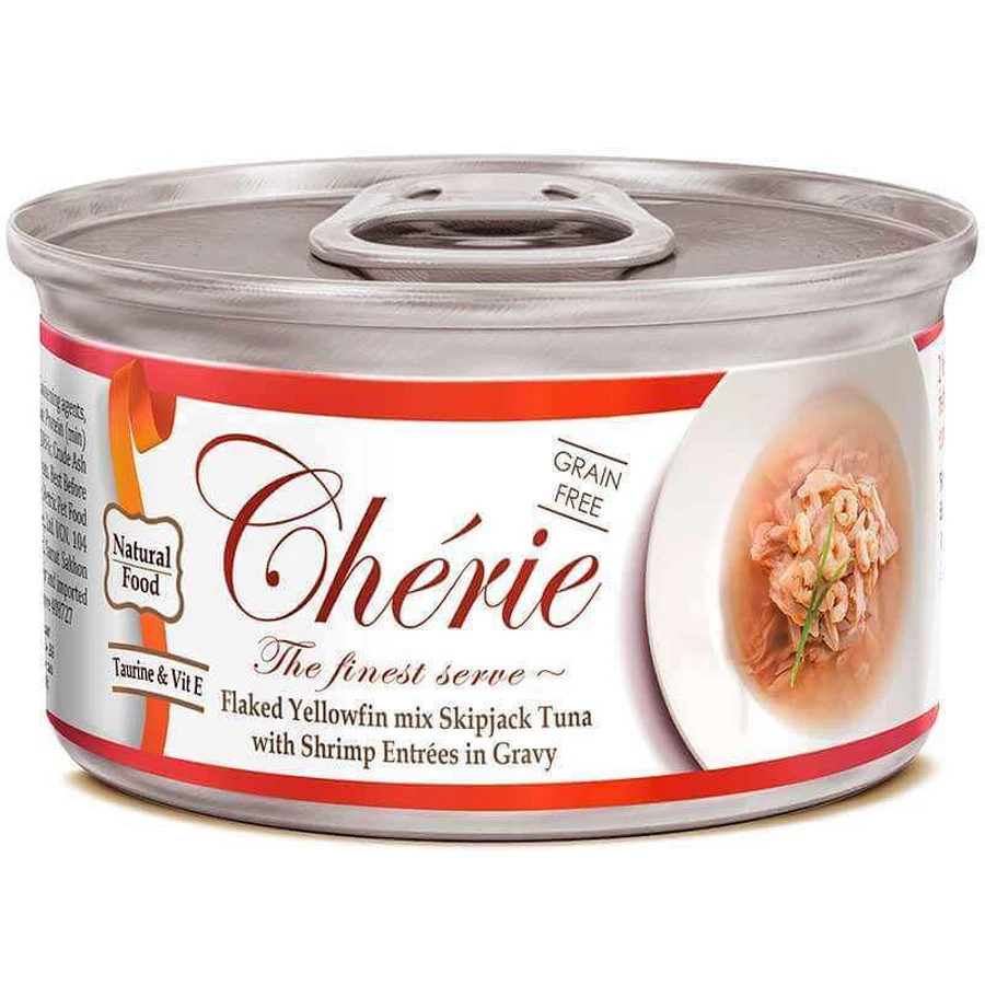 Cherie (Шери) Yellowfin mix Skipjack Tuna with Shrimp Entrеes in Gravy - Влажный корм с тунцом и креветками для взрослых кошек (кусочки в соусе); 80 г: цены и характеристики