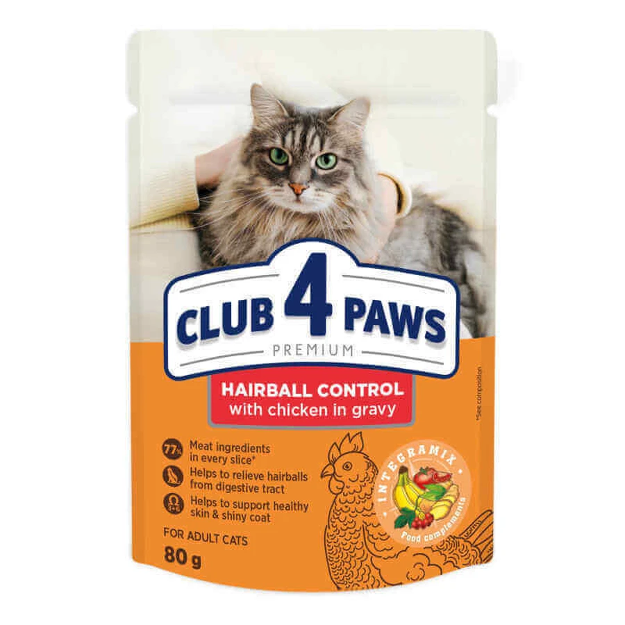 Club 4 Paws Premium Hairball Control Adult Cat Chicken in Gravy - Влажный корм с курицей для кошек, способствующий выведению шерсти из ЖКТ (кусочки в соусе); 80 г: цены и характеристики