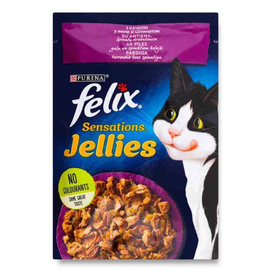 Felix (Феликс) Sensations Jellies - Влажный корм с уткой для котов (кусочки в желе со шпинатом); 85 г: цены и характеристики