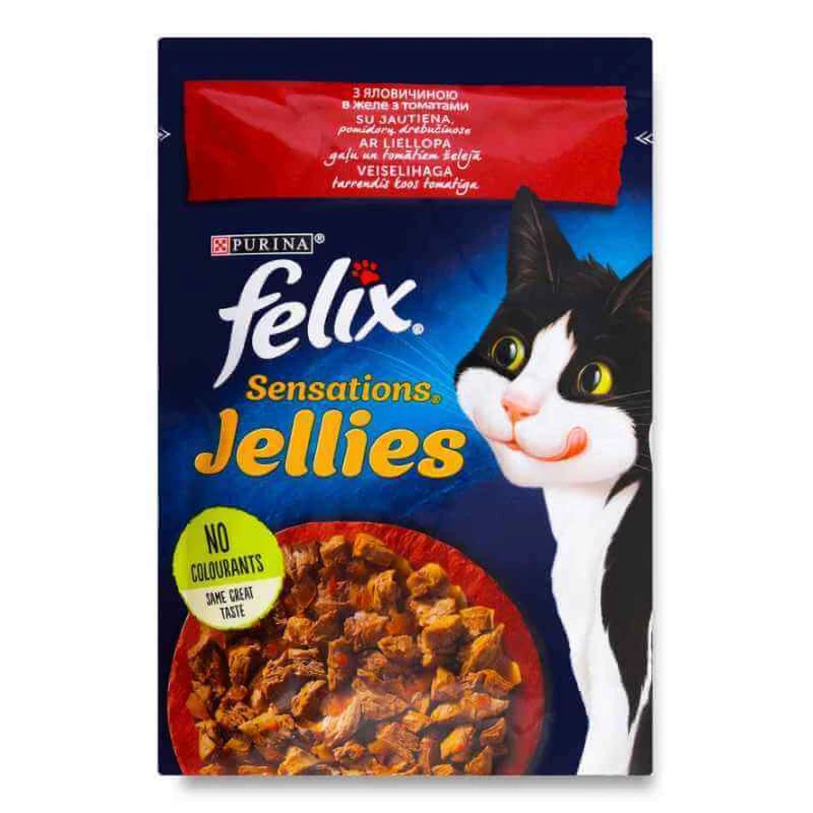 Felix (Фелікс) Sensations Jellies - Вологий корм із яловичиною та томатами для котів (шматочки в желе); 85 г: ціни та характеристики
