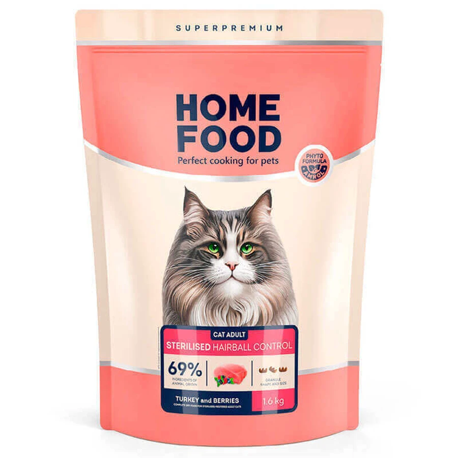 Home Food (Хоум Фуд) Hairball control For sterilised/neutered - Сухой корм Индейка и ягоды для выведения шерсти из желудка стерилизованных взрослых котов; 1,6 кг: цены и характеристики