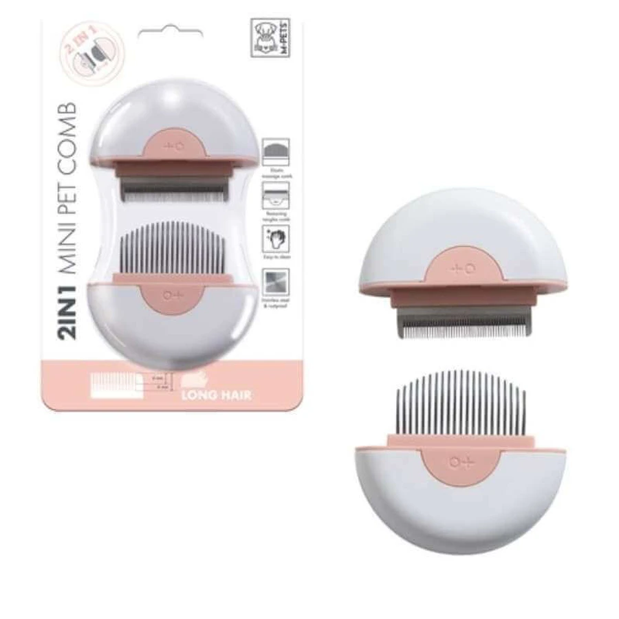 M-Pets (М-Петс) 2in1 Mini Pet Comb for long hair - Дешеддер 2 в 1 для удаления линяющей шерсти собак и кошек (для длинношерстных пород); 9х9х3 см (Розовый): цены и характеристики