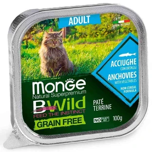 Monge BWild Grain Free Wet Anchovies Adult Cat - Консервированный беззерновой корм из анчоусов для взрослых кошек (паштет); 100 г