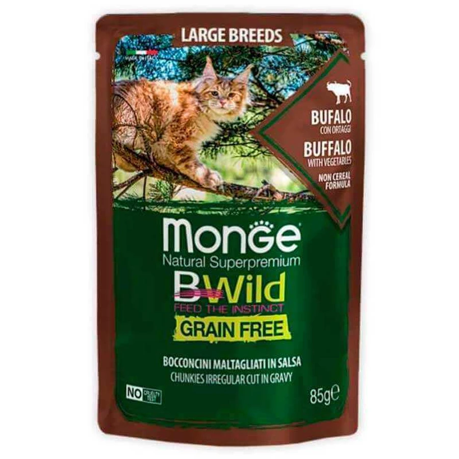 Monge BWild Grain Free Wet Buffalo Large Breeds - Влажный беззерновой корм из мяса буйвола с овощами для кошек крупных пород (кусочки в соусе); 85 г: цены и характеристики