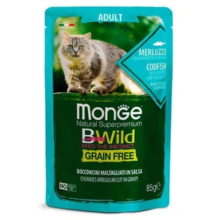 Monge BWild Grain Free Wet Cod Fish Adult Cat - Вологий беззерновий корм із тріски з креветками та овочами для дорослих кішок (шматочки в соусі); 85 г