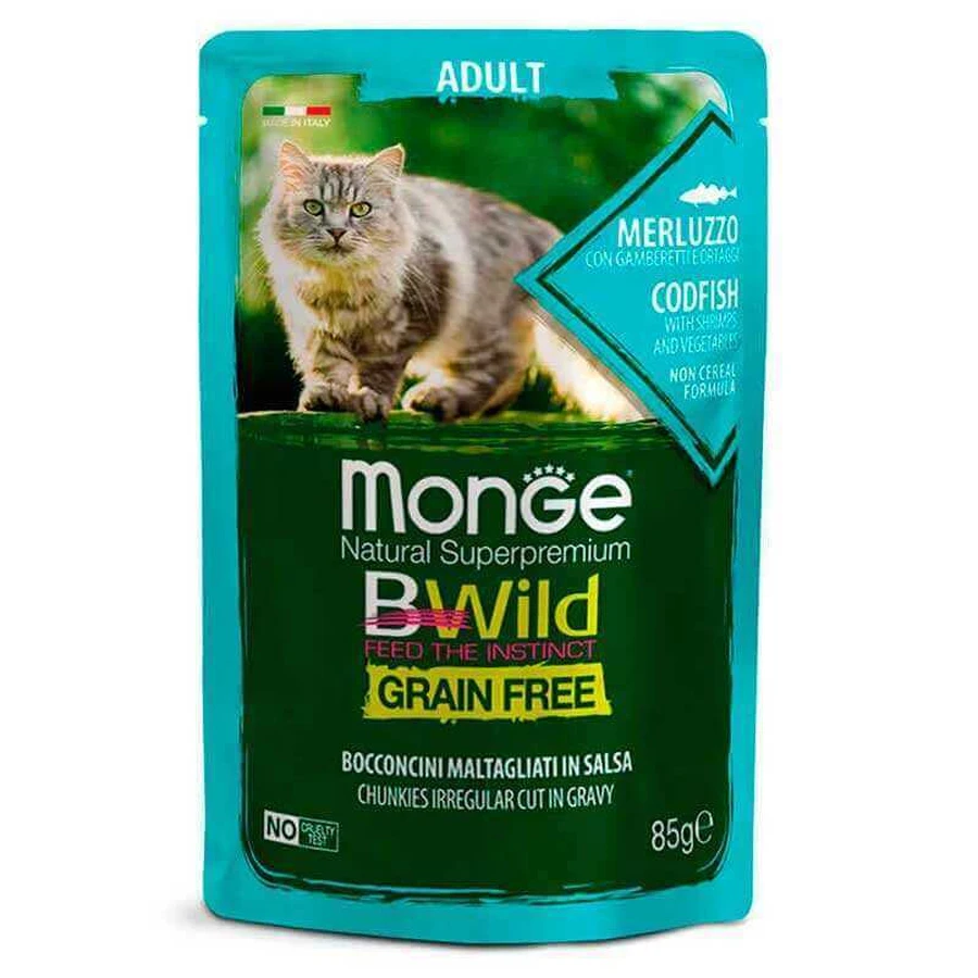 Monge BWild Grain Free Wet Cod Fish Adult Cat - Вологий беззерновий корм із тріски з креветками та овочами для дорослих кішок (шматочки в соусі); 85 г: ціни та характеристики