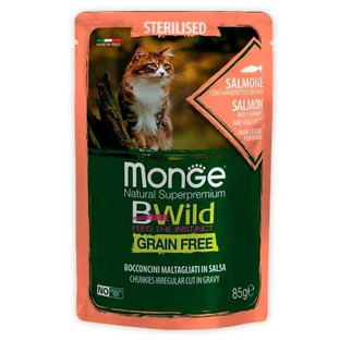 Monge BWild Grain Free Wet Salmon with Shrimp Sterilized Adult Cat - Вологий беззерновий корм із лосося та креветок для стерилізованих котів (шматочки в соусі); 85 г