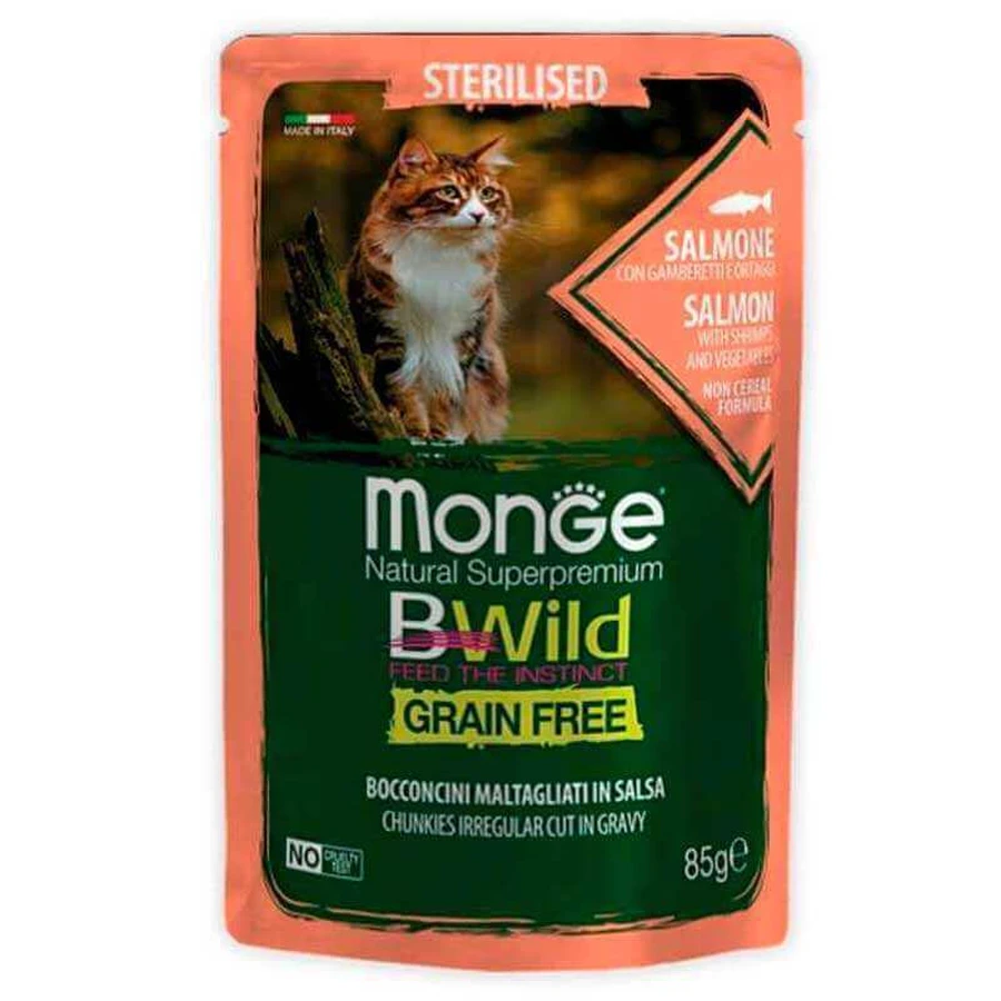 Monge BWild Grain Free Wet Salmon with Shrimp Sterilized Adult Cat - Вологий беззерновий корм із лосося та креветок для стерилізованих котів (шматочки в соусі); 85 г: ціни та характеристики