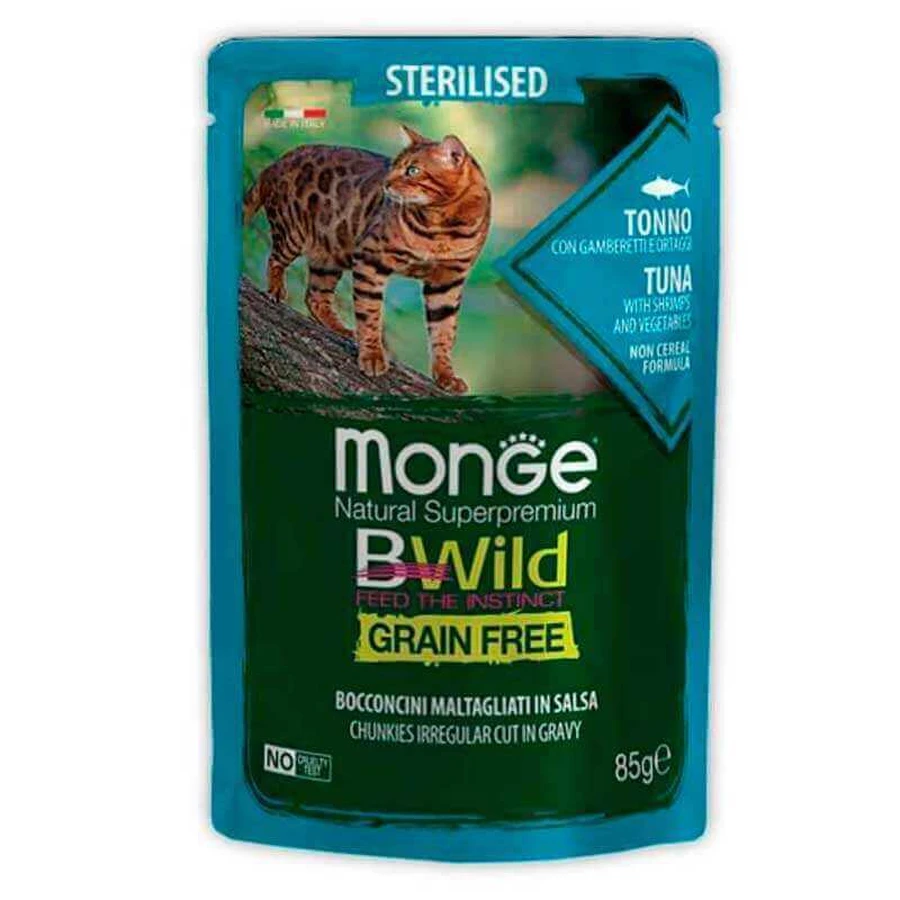 Monge BWild Grain Free Wet Tuna with Shrimp Sterilized Adult Cat - Влажный беззерновой корм из тунца и креветок для стерилизованных котов (кусочки в соусе); 85 г: цены и характеристики