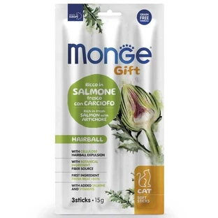 Monge Gift Hairball Cat rich in fresh Salmon with Artichoke - Ласощі з сьомгою та артишоком для виведення шерсті зі шлунка котів; 15 г / 3 шт.