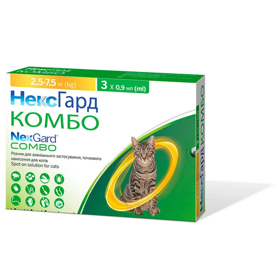NexGard Combo (НексГард Комбо) Капли противопаразитарные на холку от блох, клещей и гельминтов для котов (1 пипетка), 2,5-7,5 кг: цены и характеристики