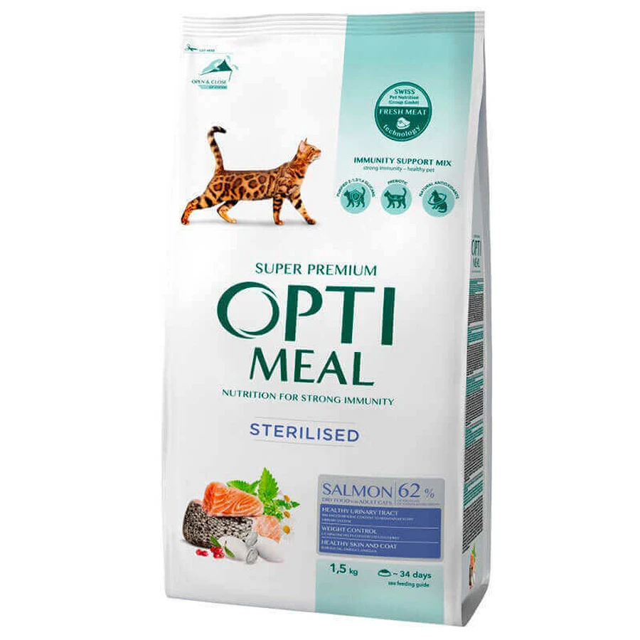 OptiMeal Complete Dry Pet Food Salmon – Сухий корм с лососем для стерилізованих котів; 1,5 кг: ціни та характеристики