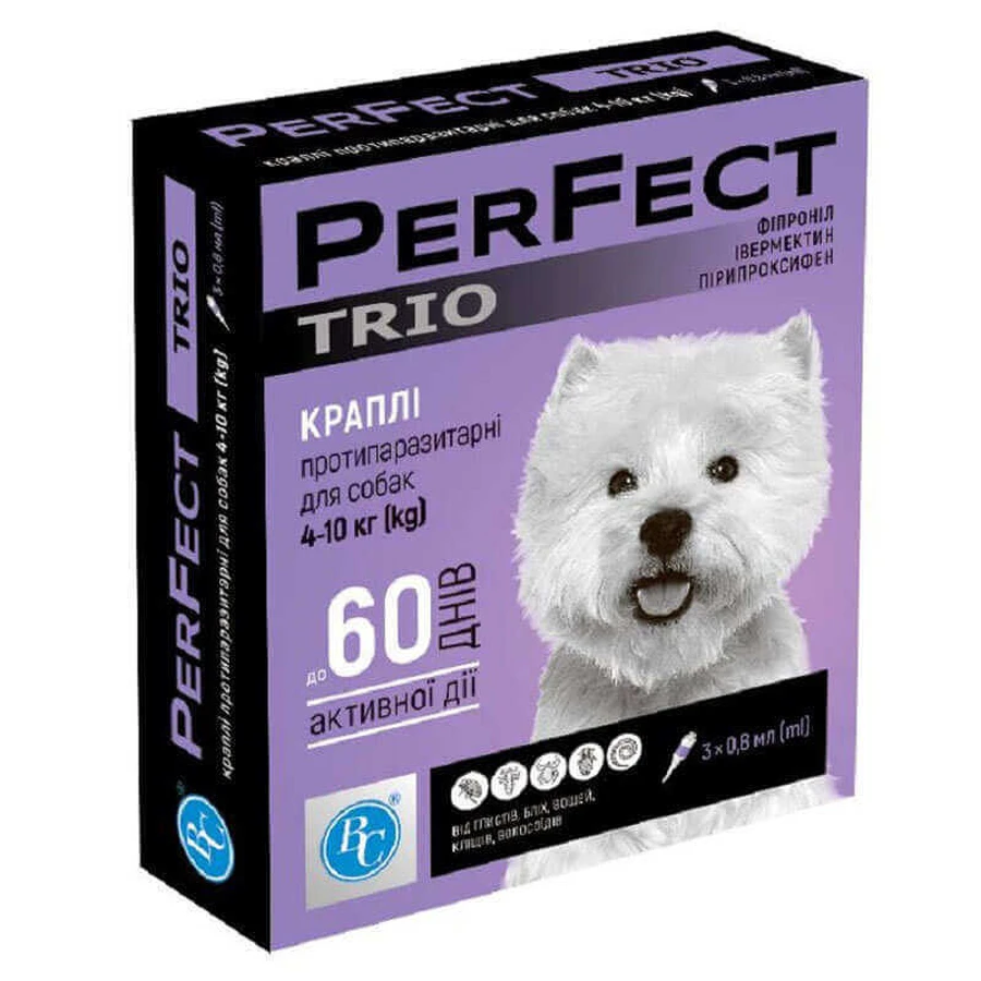 PerFect (ПёрФект) TRIO - Противопаразитарные капли на холку против блох, клещей и гельминтов для собак (1 пипетка); 4-10 кг / 0,8 мл: цены и характеристики