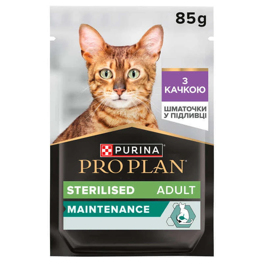 Purina Pro Plan Sterilised - Вологий корм з качкою для стерилізованих кішок та кастрованих котів (шматочки в соусі); 85 г: ціни та характеристики