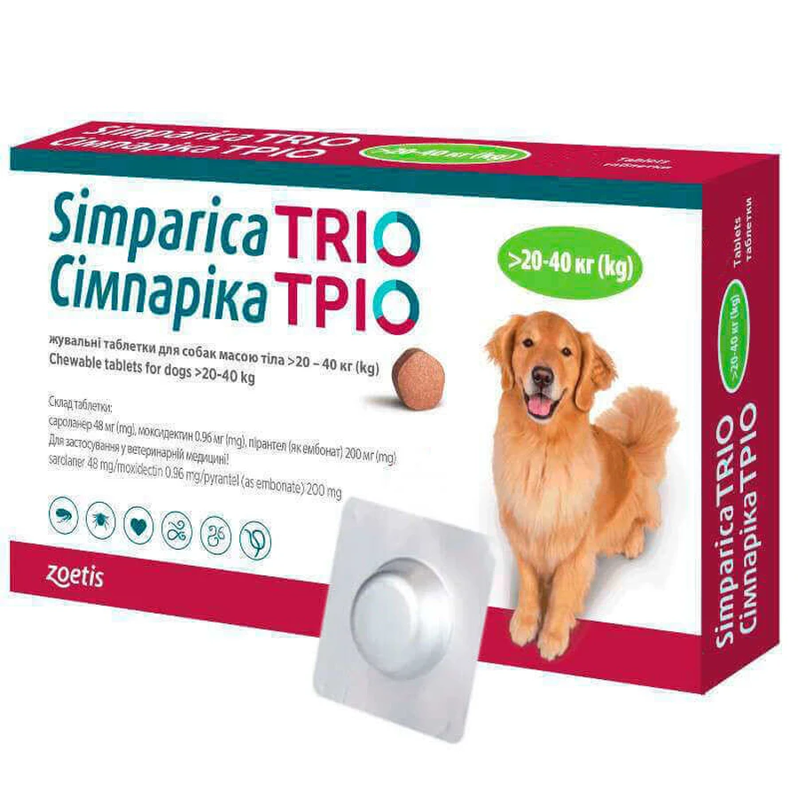 Simparica TRIO (Сімпаріка ТРІО) Протипаразитарні жувальні таблетки від бліх, гельмінтів та кліщів для собак (1 таблетка) 20-40 кг: ціни та характеристики