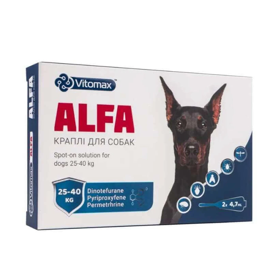 Vitomax (Вітомакс) Alfa Протипаразитарні краплі Альфа на холку проти бліх та кліщів для собак (1 піпетка) 25-40 кг: ціни та характеристики