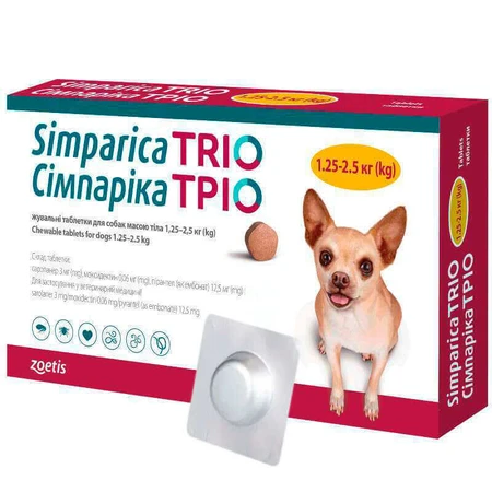 Simparica TRIO (Симпарика ТРИО) Противопаразитарные жевательные таблетки от блох, гельминтов и клещей для собак (1 таблетка) 1,25-2,5 кг: цены и характеристики
