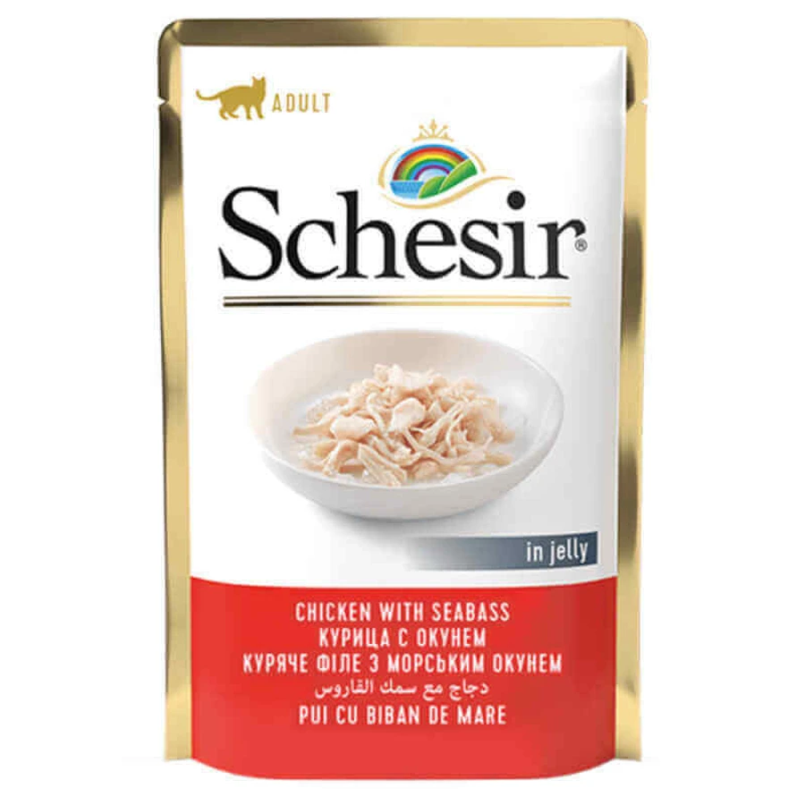 Schesir Chicken with Seabass - Консервований корм з куркою і окунем для дорослих котів (шматочки в желе); 85 г: ціни та характеристики
