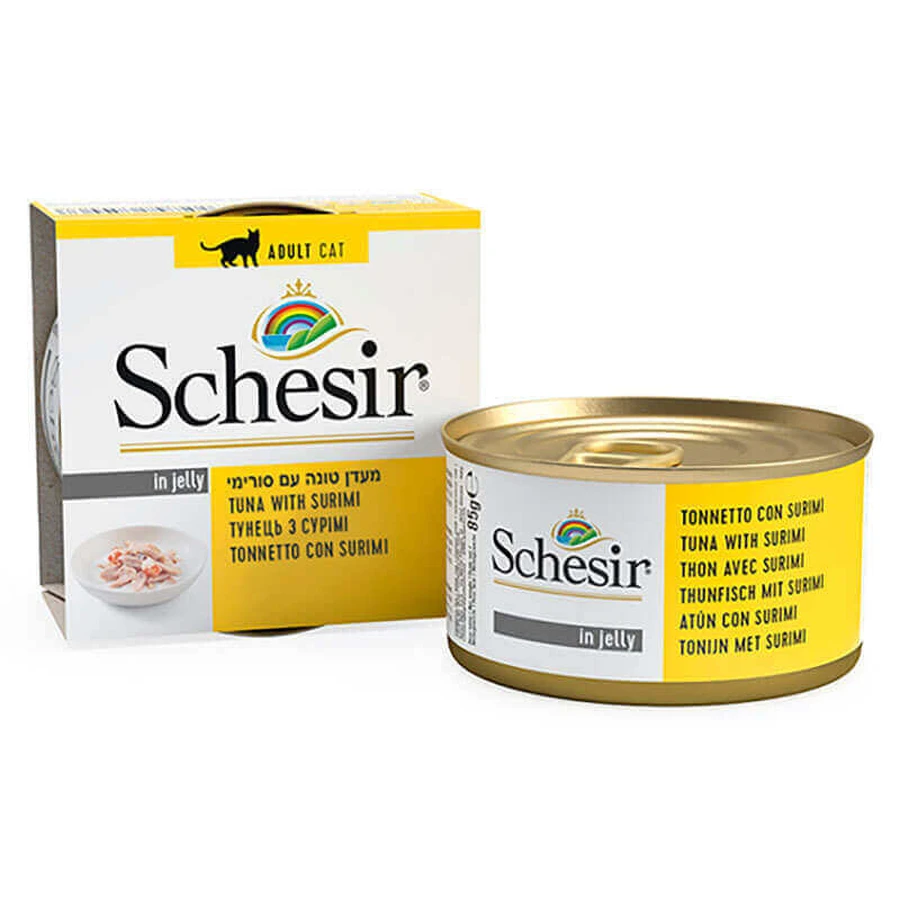 Schesir Tuna with Surimi - Консервований корм з тунцем і сурімі для дорослих котів (шматочки в желе); 85 г: ціни та характеристики