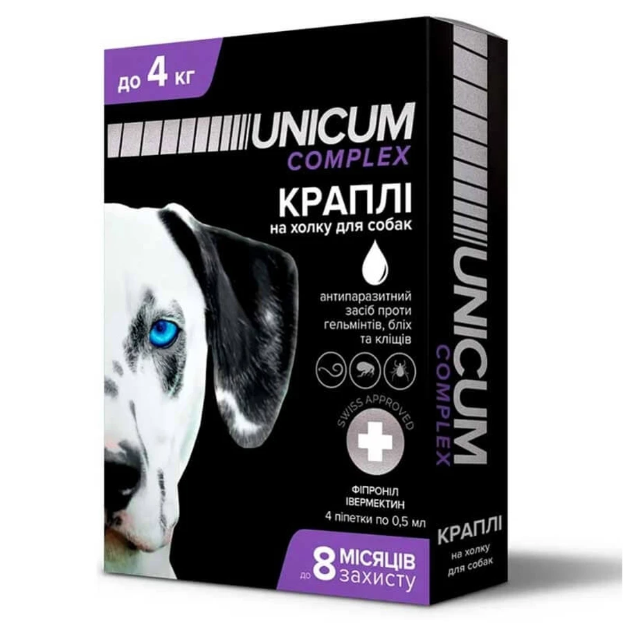 Unicum (Уникум) Complex Противопаразитарные капли на холку против гельминтов, блох и клещей для собак, 1 шт. (до 4 кг): цены и характеристики