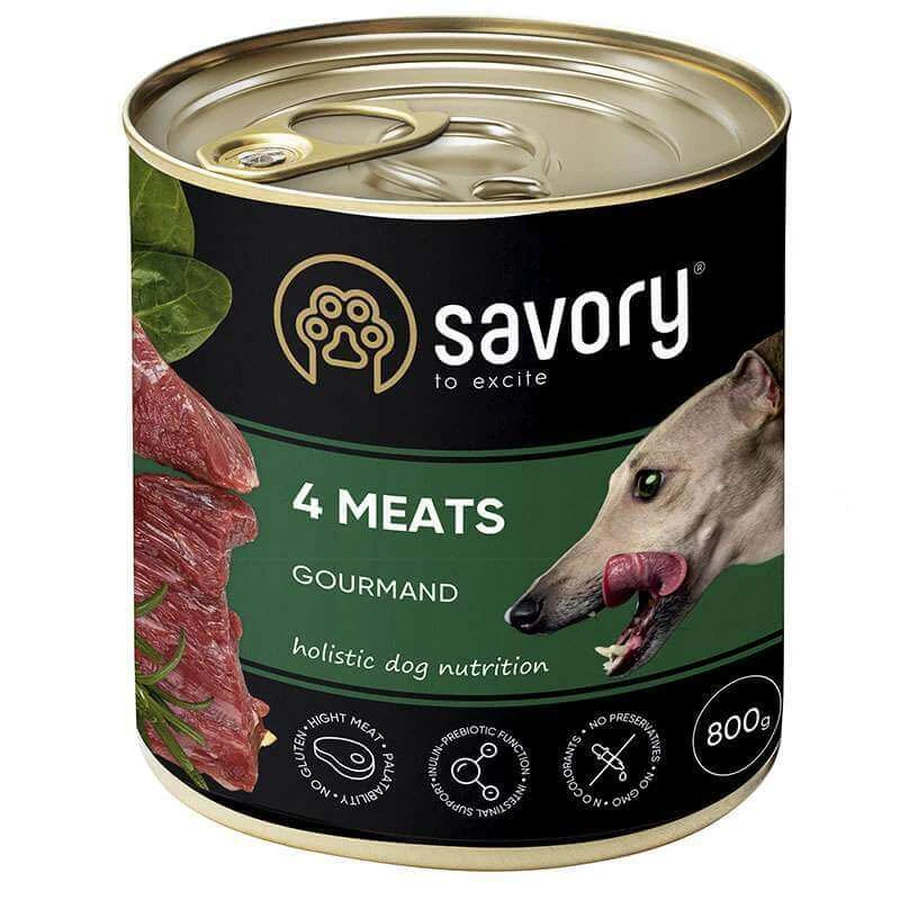 Savory Dog Gourmand 4 meats - Вологий корм з чотирма видами м'яса для дорослих собак гурманів всіх порід; 800 г: ціни та характеристики