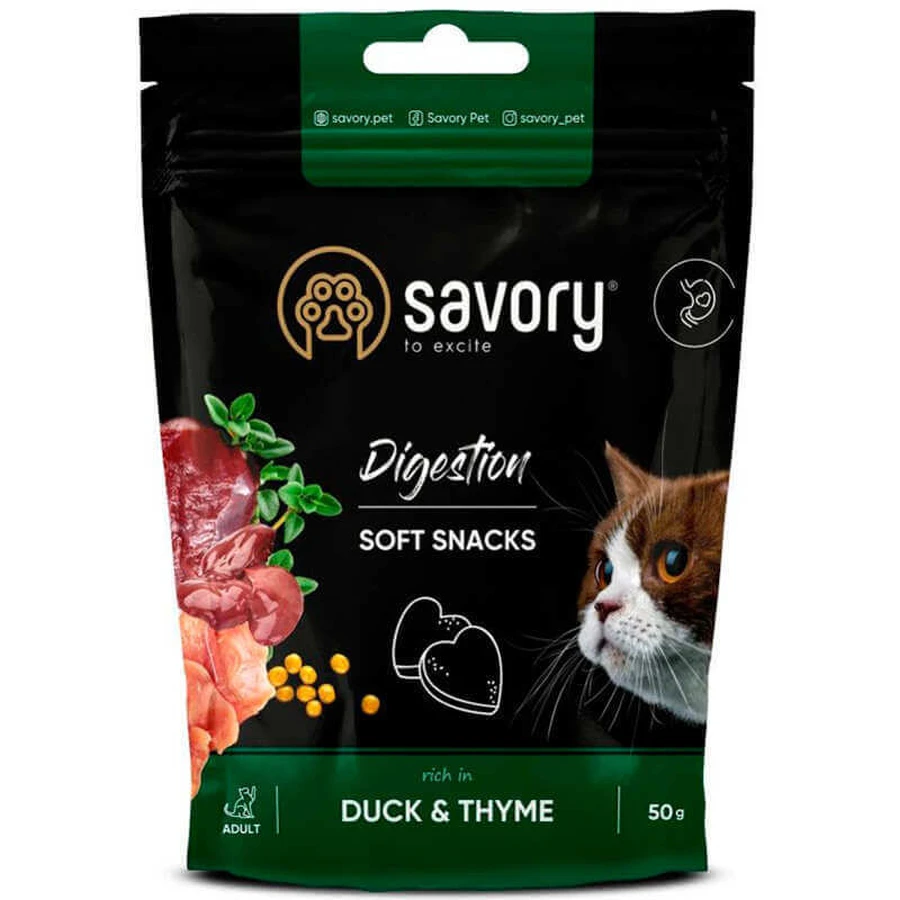 Savory - М'які ласощі з качкою та чебрецем для покращення травлення котів; 50 г: ціни та характеристики