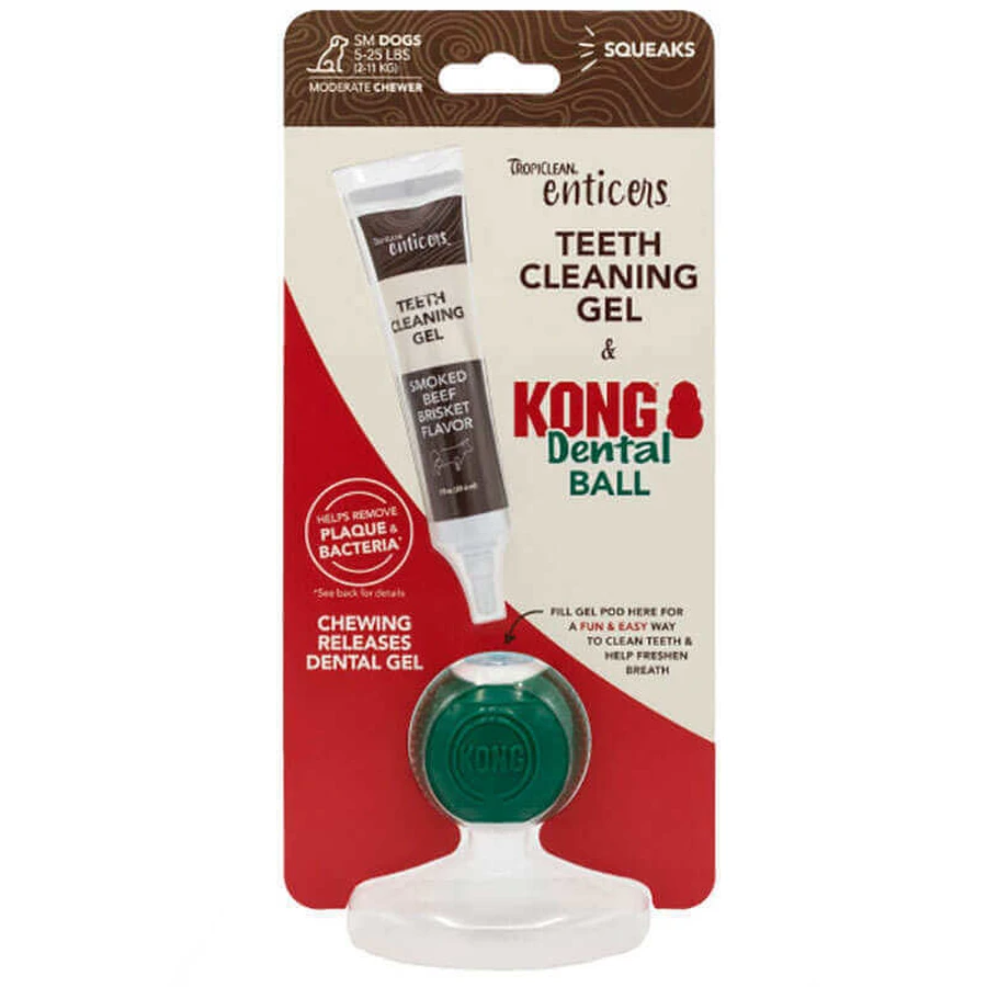 TropiClean (Тропиклин) Enticers Kong Dental Ball - Набор по уходу за ротовой полостью (шарик, гель) со вкусом копченой говяжьей грудки для собак; S: цены и характеристики