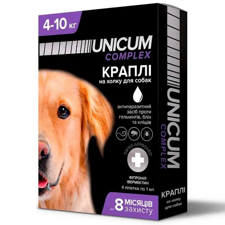 Unicum (Уникум) Complex Противопаразитарные капли на холку против гельминтов, блох и клещей для собак, 1 шт. (4-10 кг): цены и характеристики