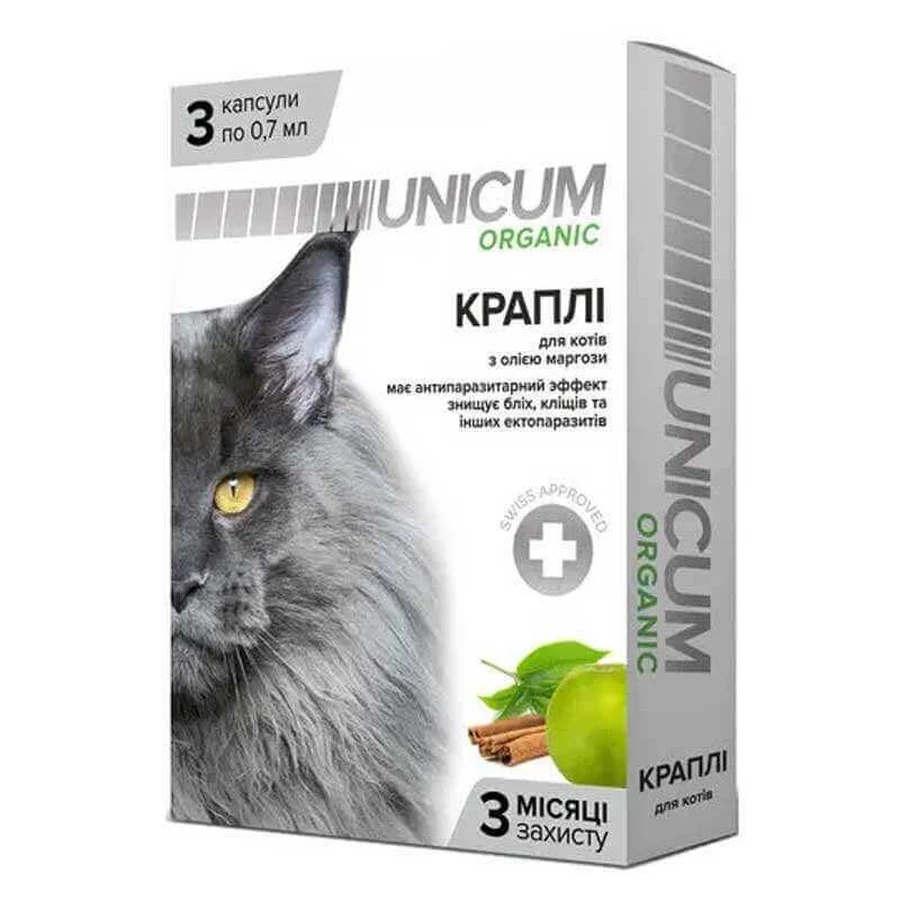 Unicum (Унікум) Organic Протипаразитарні краплі від бліх та кліщів з олією маргози для котів, 3 капс. (0,7 мл): ціни та характеристики