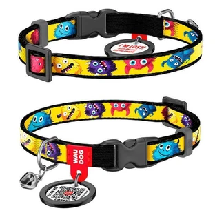 Collar (Коллар) WAUDOG Nylon - Нашийник для котів з малюнком «Волохаті монстри», QR паспортом, дзвіночком і пластиковою пряжкою-фастекс, нейлоновий; 1х20-30 см
