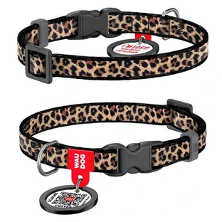 Collar (Коллар) WAUDOG Nylon - Нашийник для котів та собак дрібних порід з малюнком «Леопард», QR паспортом і пластиковою пряжкою-фастекс, нейлоновий; 1х20-30 см