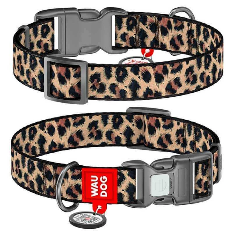 Collar (Коллар) WAUDOG Nylon - Нашийник для собак з малюнком «Леопард», QR паспортом і пластиковою пряжкою-фастекс, нейлоновий; 2,5х33-49 см: ціни та характеристики