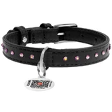 Collar WAUDOG Glamour - Ошейник кожаный с клеевыми стразами и QR паспортом для собак; XS (1,2х21-29 см) (Черный)