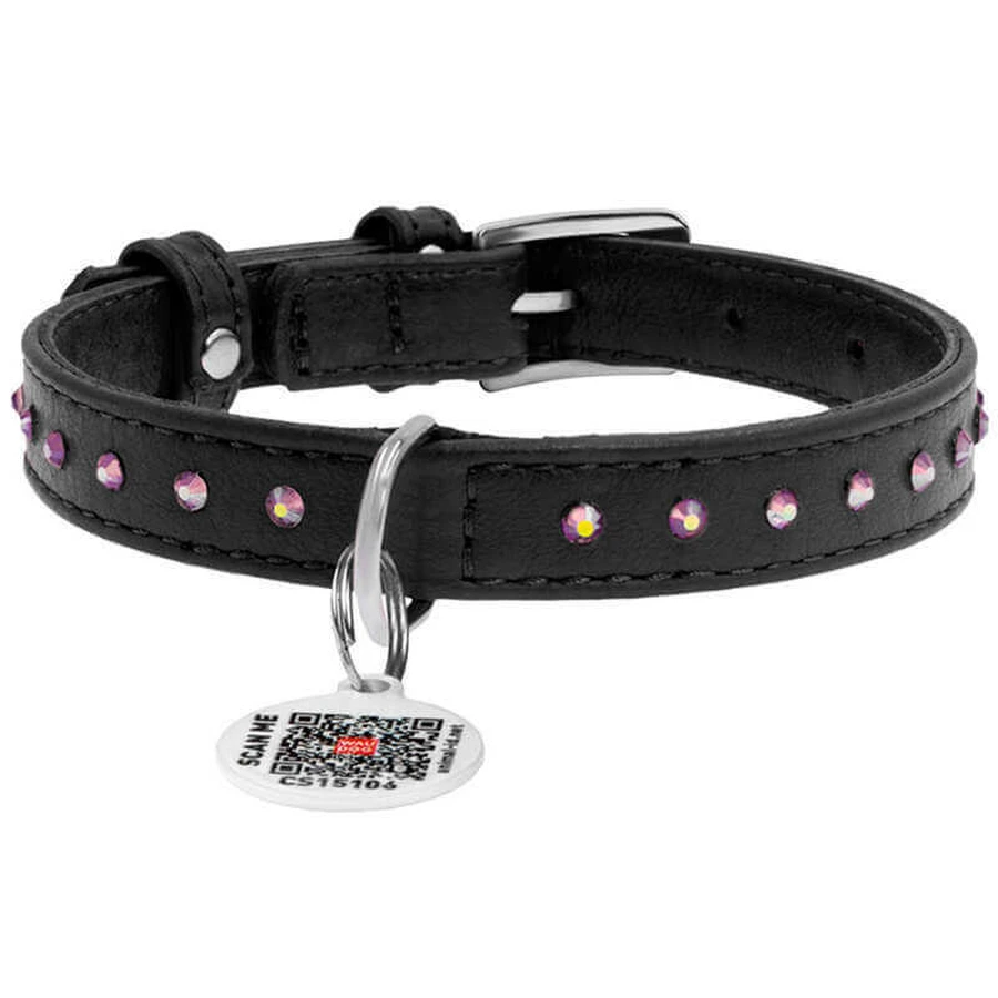 Collar WAUDOG Glamour - Ошейник кожаный с клеевыми стразами и QR паспортом для собак; XS (1,2х21-29 см) (Черный): цены и характеристики