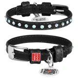 Collar WAUDOG Glamour - Ошейник кожаный с клеевыми стразами и QR паспортом для собак; XXS2 (0,9х19-25 см) (Черный)