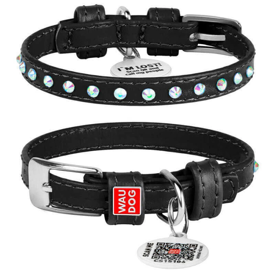 Collar WAUDOG Glamour - Ошейник кожаный с клеевыми стразами и QR паспортом для собак; XXS2 (0,9х19-25 см) (Черный): цены и характеристики