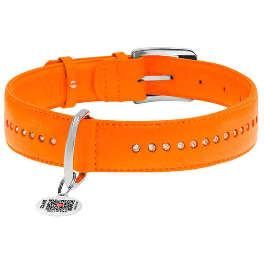 Collar WAUDOG Glamour - Нашийник шкіряний подвійний зі стразами і QR паспортом для собак; L (0,25х38-49 см) (Помаранчевий): ціни та характеристики