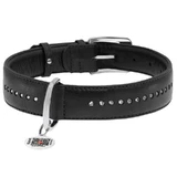 Collar WAUDOG Glamour - Ошейник кожаный двойной со стразами и QR паспортом для собак; L (2,5х38-49 см) (Черный)