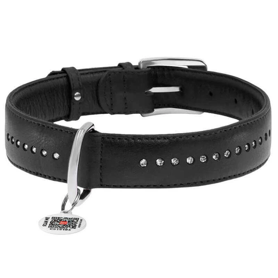 Collar WAUDOG Glamour - Нашийник шкіряний подвійний зі стразами і QR паспортом для собак; ХL (0,35х46-60 см) (Чорний): ціни та характеристики