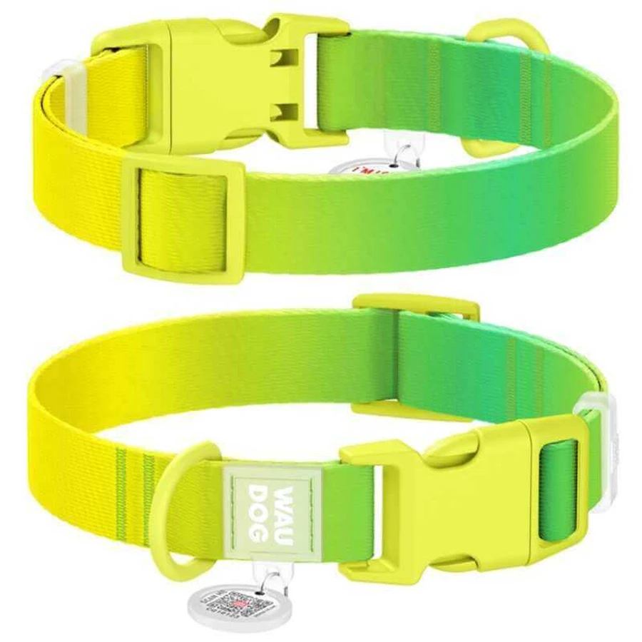 Collar WAUDOG Nylon Recycled - Нашийник нейлоновий градієнт з QR паспортом та пластиковим фастексом для собак; S (1,5х25-35 см) (Жовтий / Салатовий): ціни та характеристики