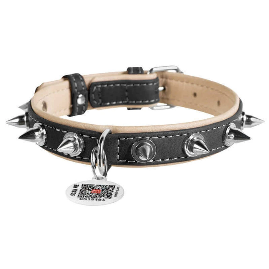 Collar WAUDOG Soft - Нашийник шкіряний з шипами і QR паспортом для собак; XXL (3,5х57-71 см) (Чорний): ціни та характеристики