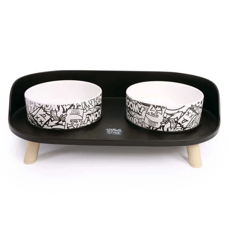M-Pets (М-Петс) Altitude Double Raised Pet Bowl - Миска двойная на подставке для котов и собак; 2х450 мл (Черный / Белый): цены и характеристики