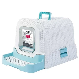 M-Pets (М-Петс) Suez Rattan Cat Toilet – Закрытый кошачий туалет с угольным фильтром и выдвижными ступенями; 69х41х42 см (Голубой)