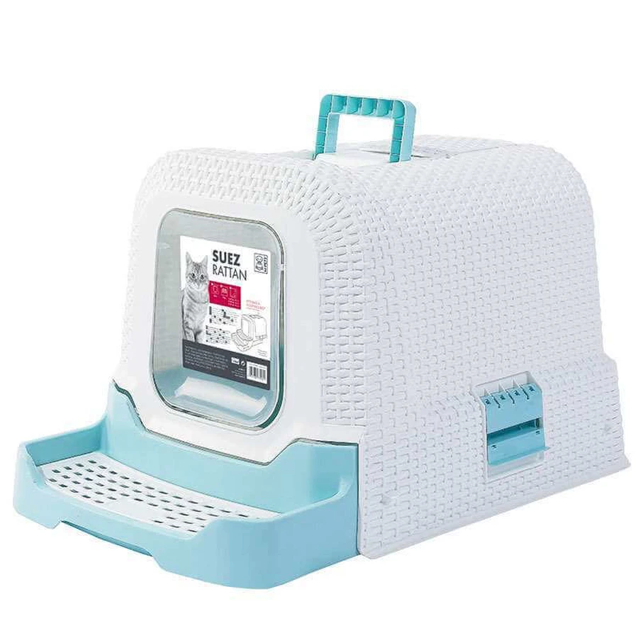 M-Pets (М-Петс) Suez Rattan Cat Toilet – Закрытый кошачий туалет с угольным фильтром и выдвижными ступенями; 69х41х42 см (Голубой): цены и характеристики