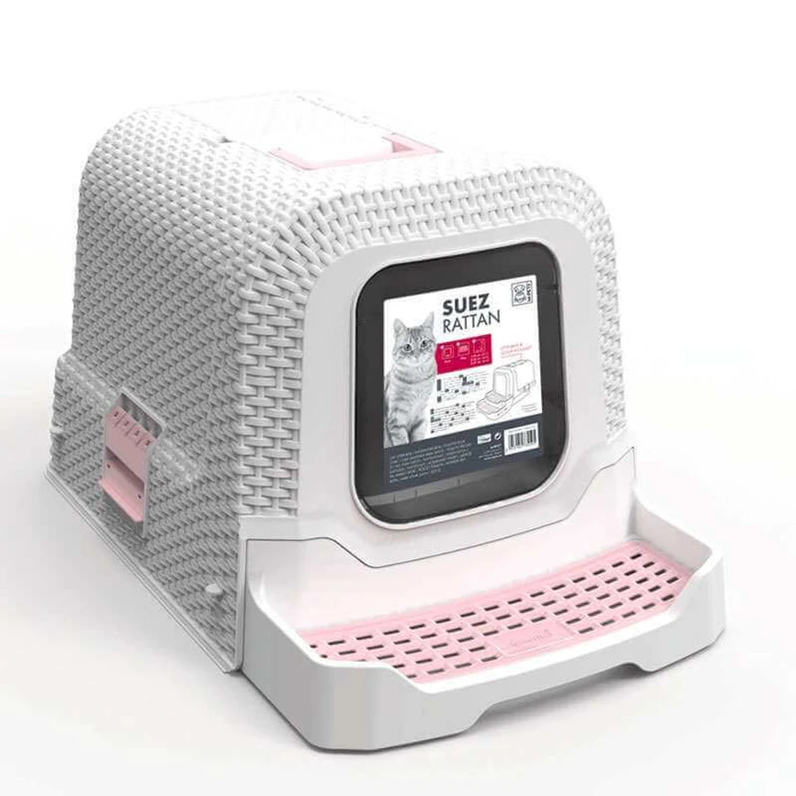 M-Pets (М-Петс) Suez Rattan Cat Toilet – Закрытый кошачий туалет с угольным фильтром и выдвижными ступенями; 69х41х42 см (Розовый): цены и характеристики